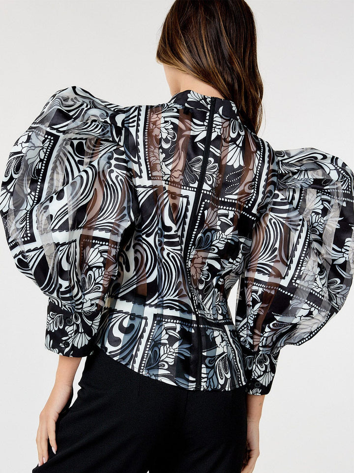 WOMEN'S LONG PUFF SLEEVE MULTI PRINT BLOUSE