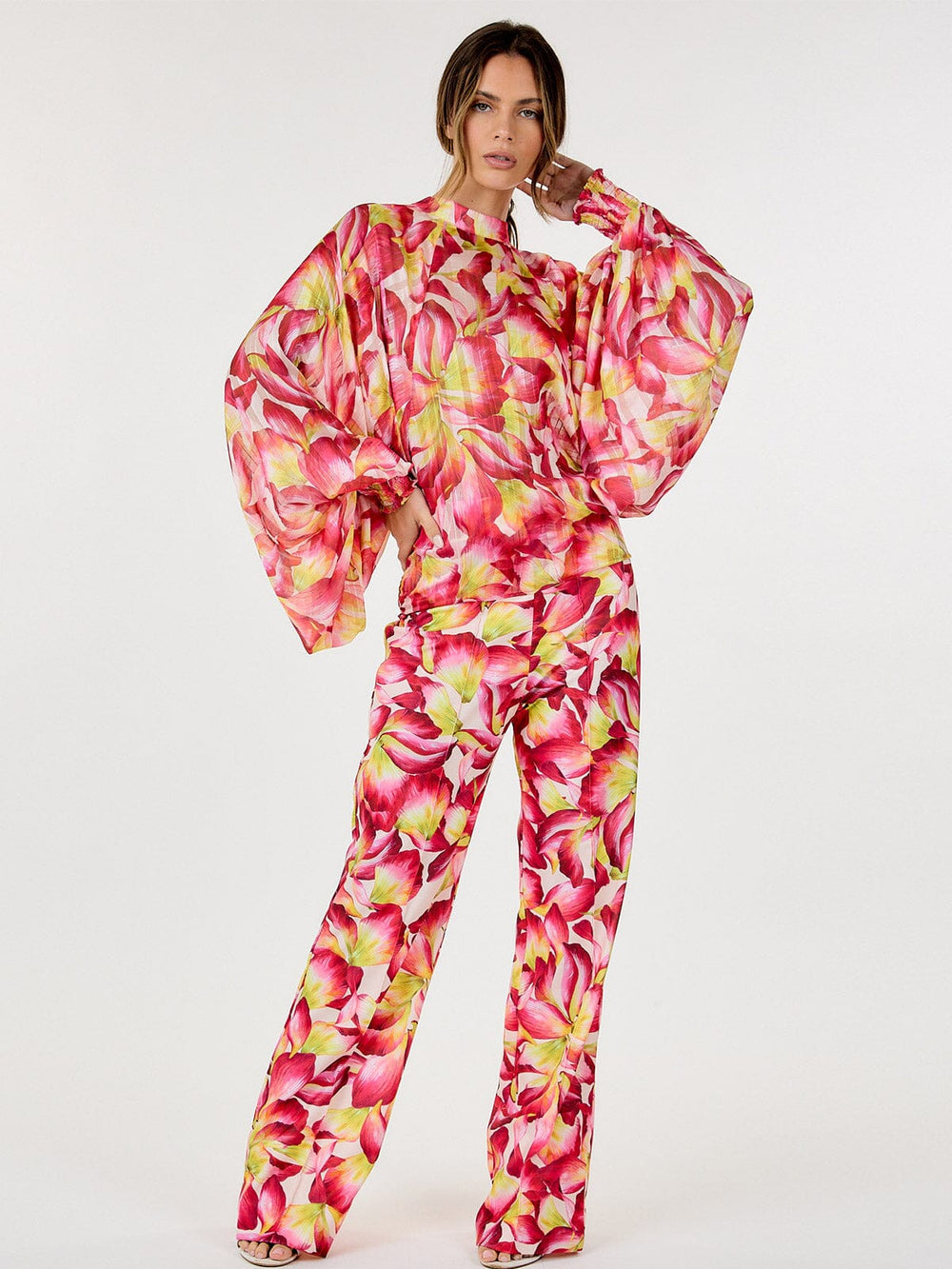 WOMEN'S ZIPPER CLOSURE FLORAL PRINT WIDE LEG PANTS