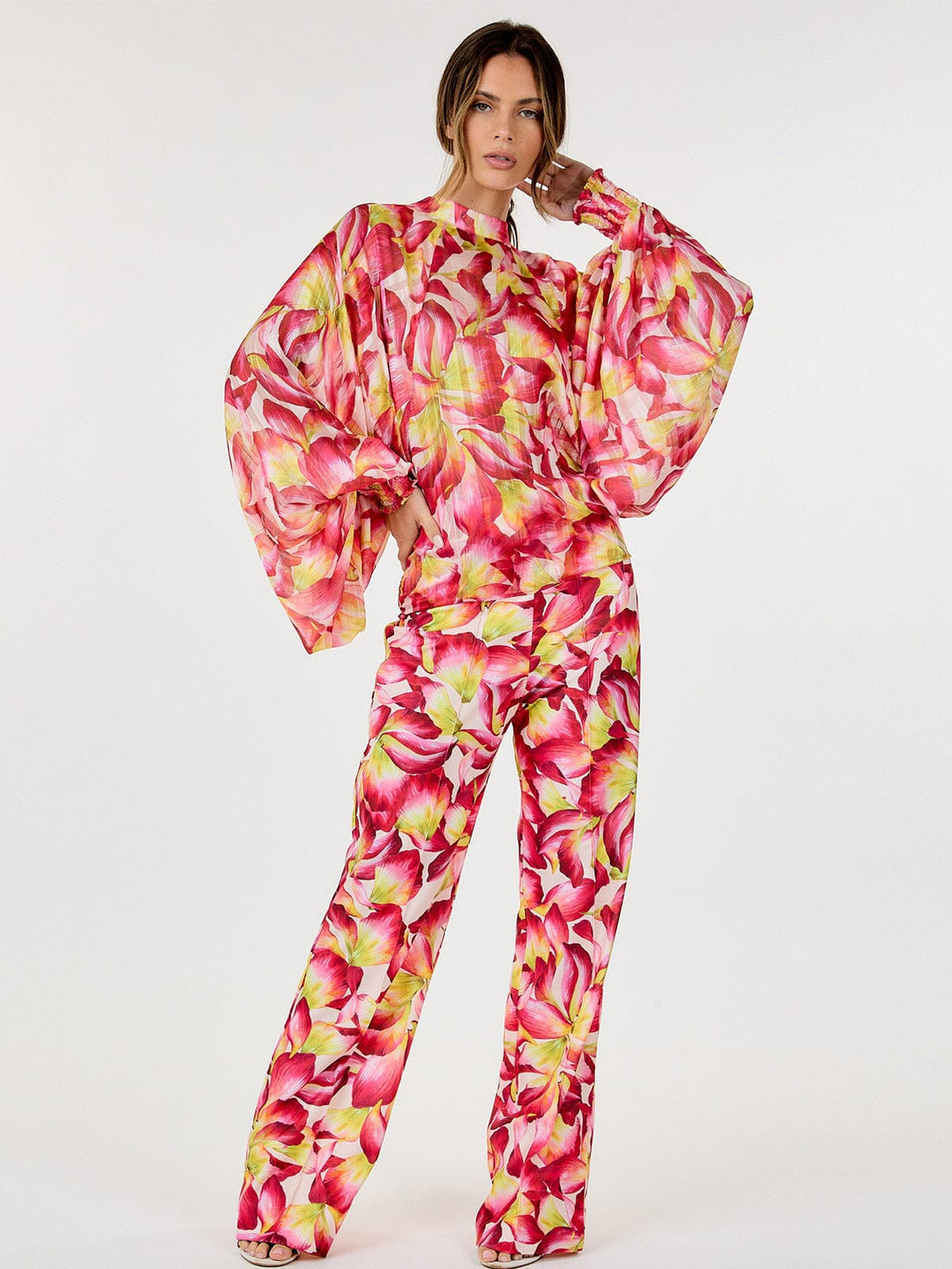 WOMEN'S ZIPPER CLOSURE FLORAL PRINT WIDE LEG PANTS