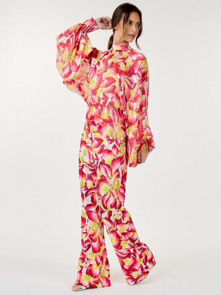 WOMEN'S ZIPPER CLOSURE FLORAL PRINT WIDE LEG PANTS