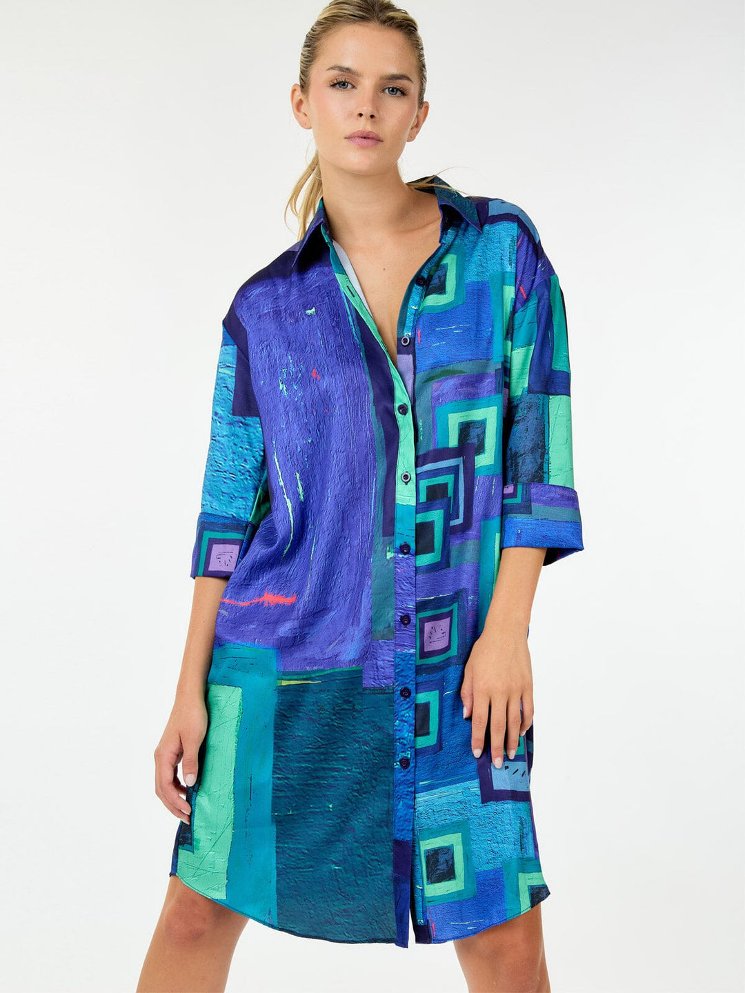 WOMEN'S 3/4 SLEEVE BUTTON UP FRONT POCKETS MULTI PRINT TUNIC MINI DRESS