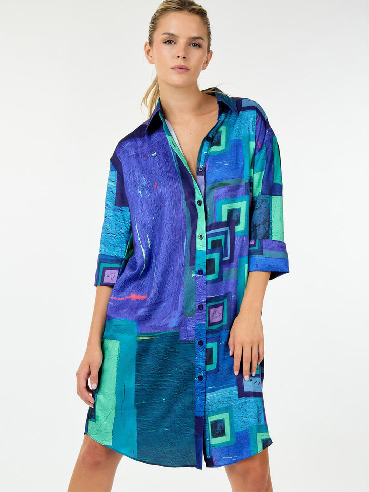 WOMEN'S 3/4 SLEEVE BUTTON UP FRONT POCKETS MULTI PRINT TUNIC MINI DRESS