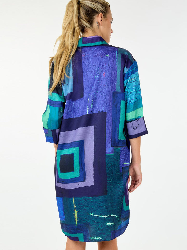 WOMEN'S 3/4 SLEEVE BUTTON UP FRONT POCKETS MULTI PRINT TUNIC MINI DRESS