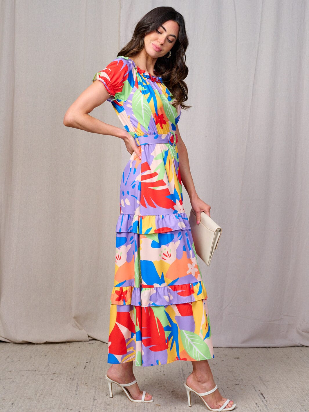 WOMEN'S SHORT SLEEVES RUFFLE TIERED BELTED LEAF PRINT MAXI DRESS