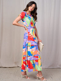 WOMEN'S SHORT SLEEVES RUFFLE TIERED BELTED LEAF PRINT MAXI DRESS