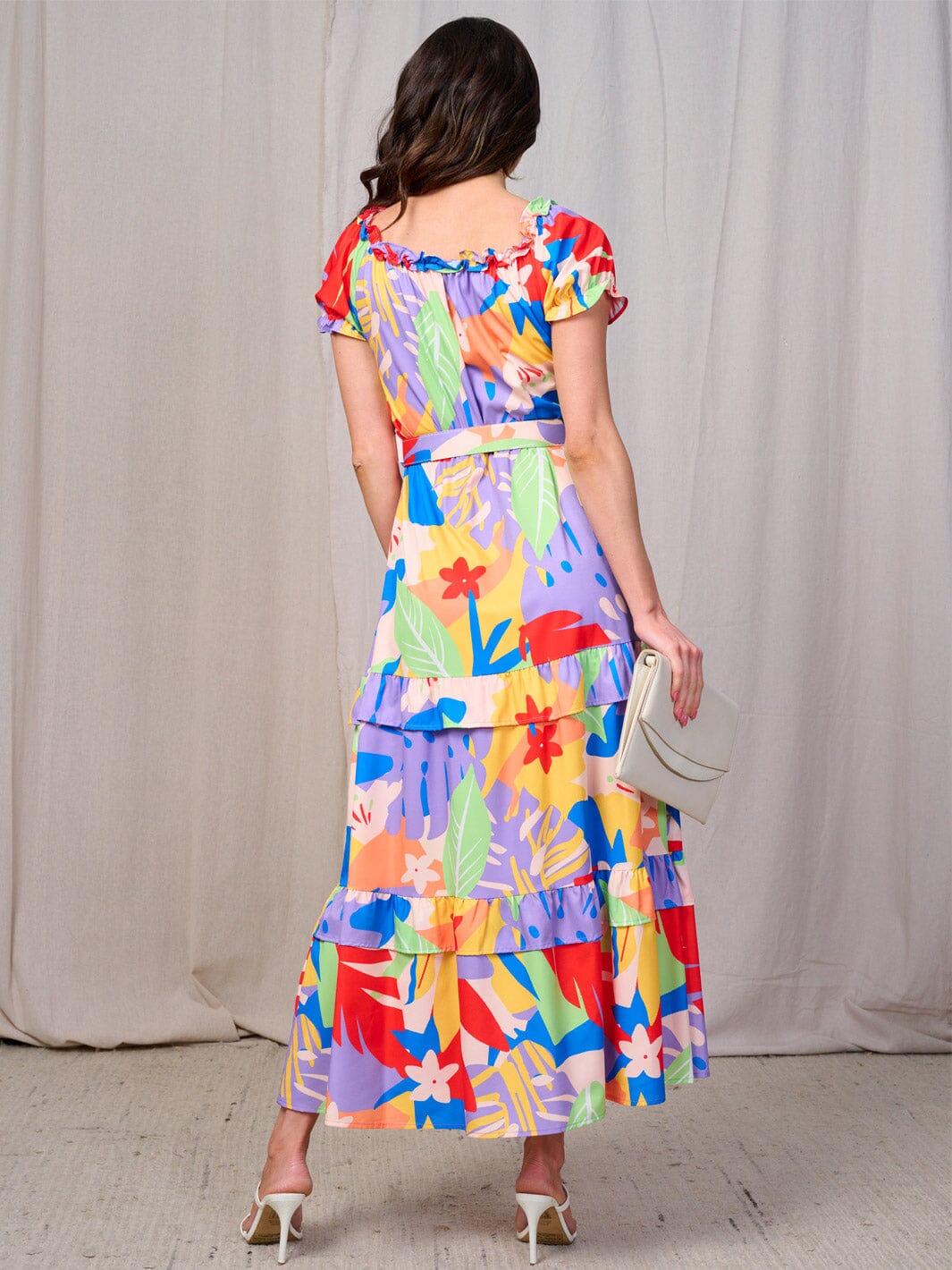 WOMEN'S SHORT SLEEVES RUFFLE TIERED BELTED LEAF PRINT MAXI DRESS