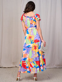 WOMEN'S SHORT SLEEVES RUFFLE TIERED BELTED LEAF PRINT MAXI DRESS