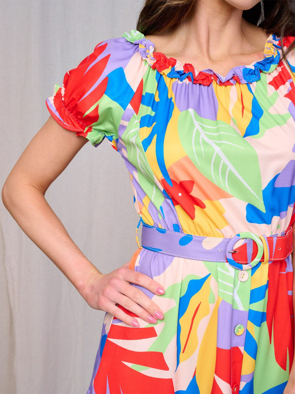 WOMEN'S SHORT SLEEVES RUFFLE TIERED BELTED LEAF PRINT MAXI DRESS