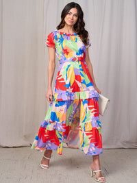 WOMEN'S SHORT SLEEVES RUFFLE TIERED BELTED LEAF PRINT MAXI DRESS