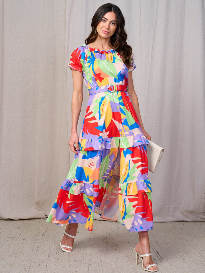 WOMEN'S SHORT SLEEVES RUFFLE TIERED BELTED LEAF PRINT MAXI DRESS