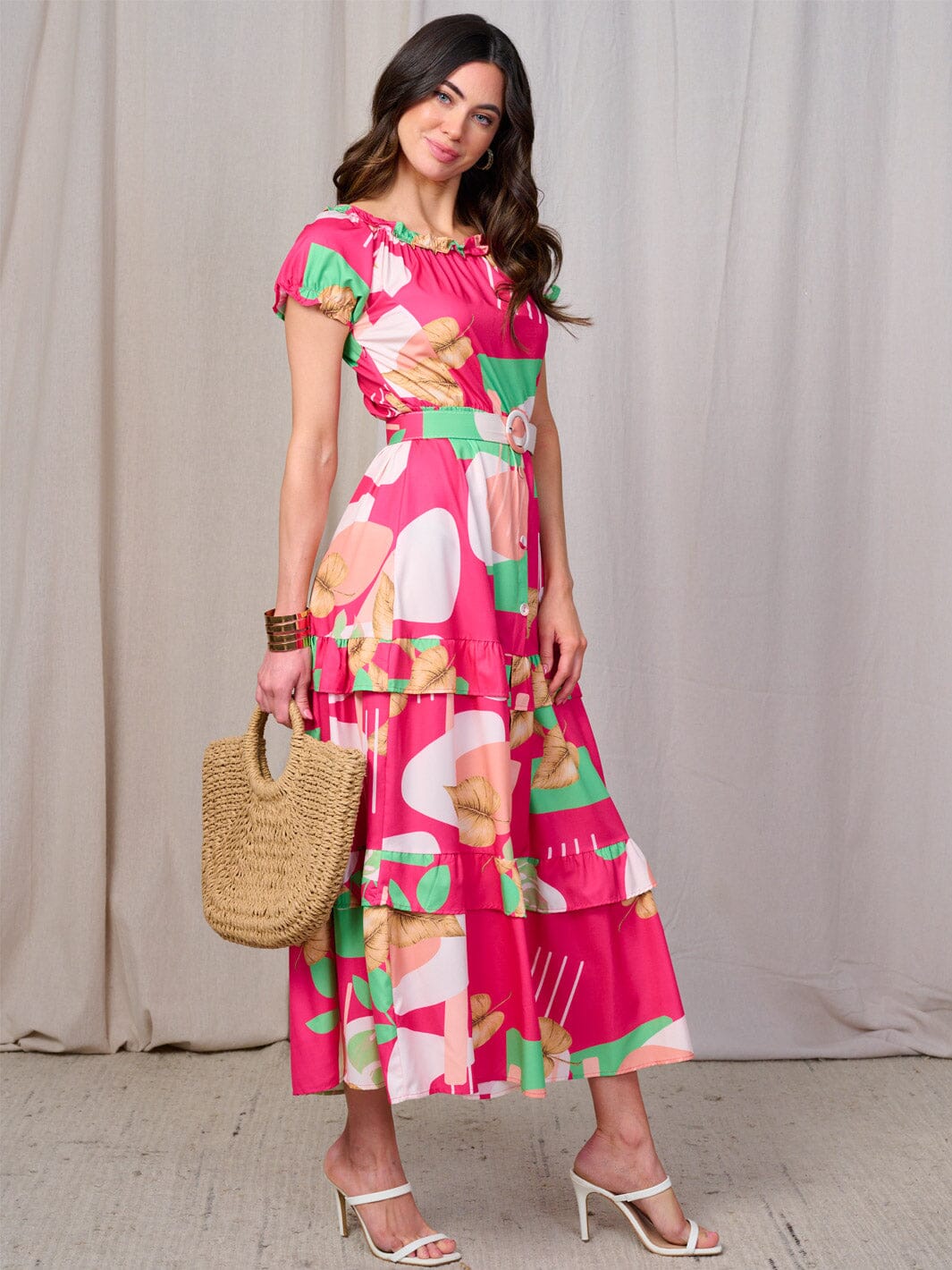 WOMEN'S SHORT SLEEVES RUFFLE TIERED BELTED LEAF PRINT MAXI DRESS