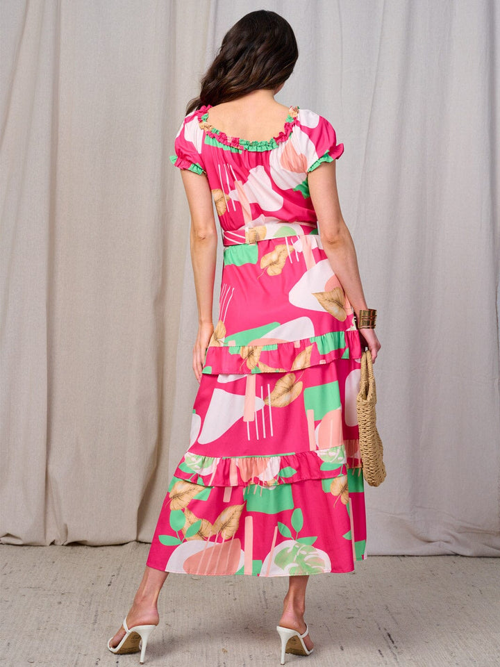 WOMEN'S SHORT SLEEVES RUFFLE TIERED BELTED LEAF PRINT MAXI DRESS