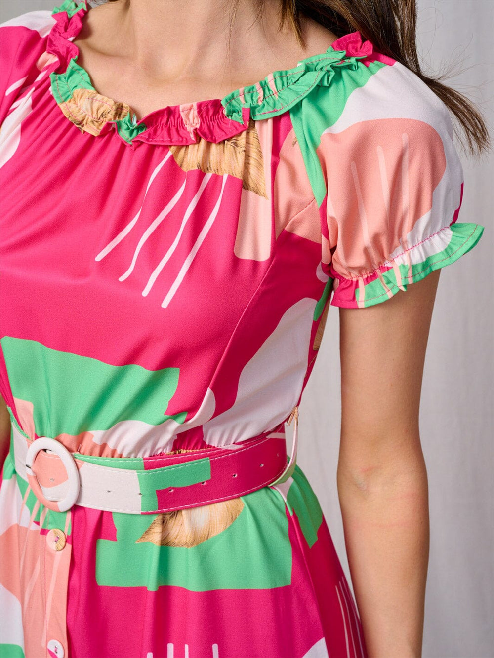 WOMEN'S SHORT SLEEVES RUFFLE TIERED BELTED LEAF PRINT MAXI DRESS