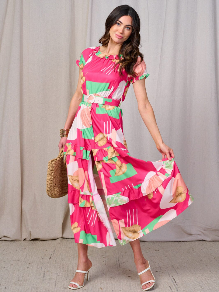 WOMEN'S SHORT SLEEVES RUFFLE TIERED BELTED LEAF PRINT MAXI DRESS