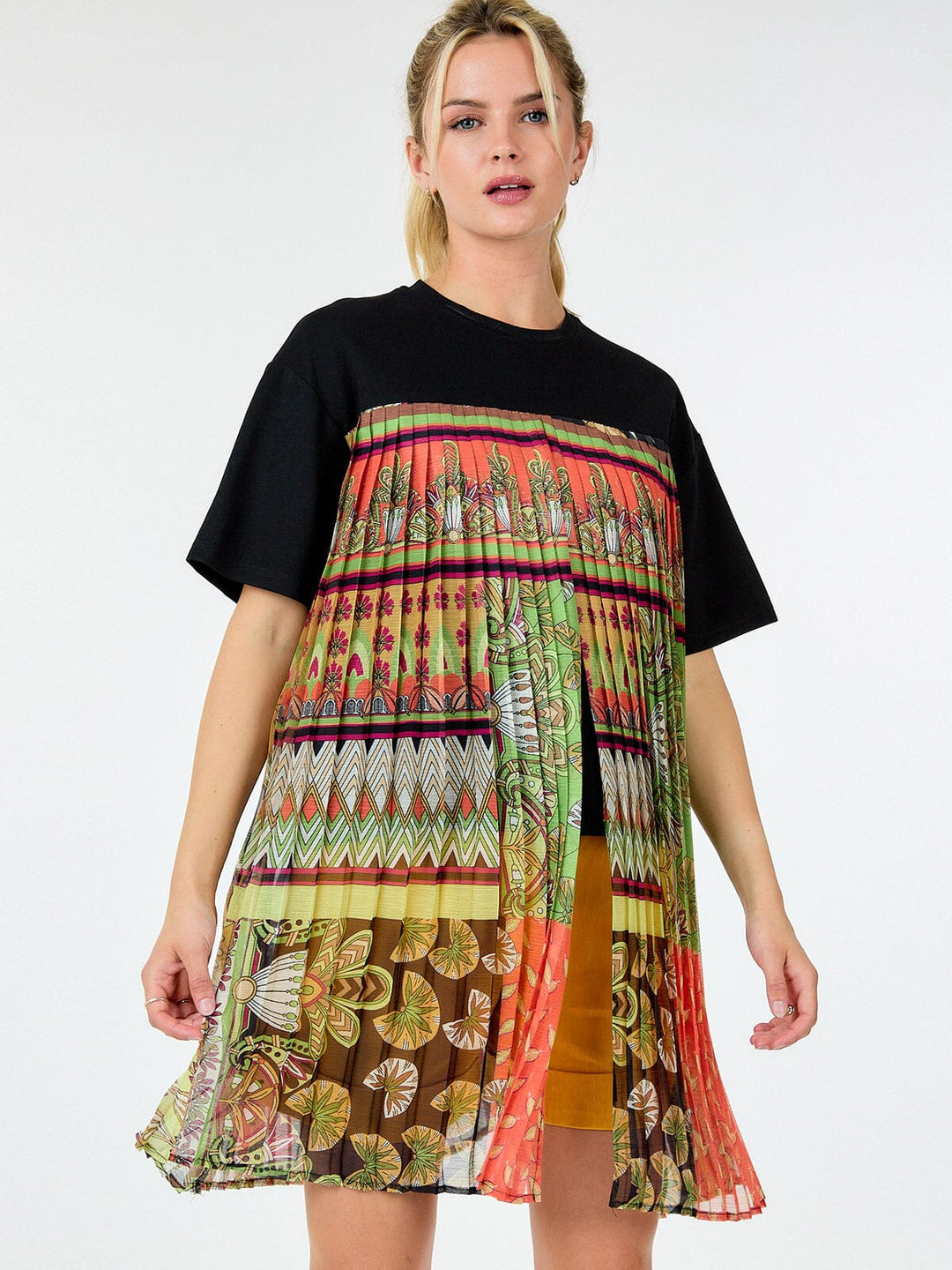 WOMEN'S SHORT SLEEVE MULTI PRINT PLEATED BLOUSE