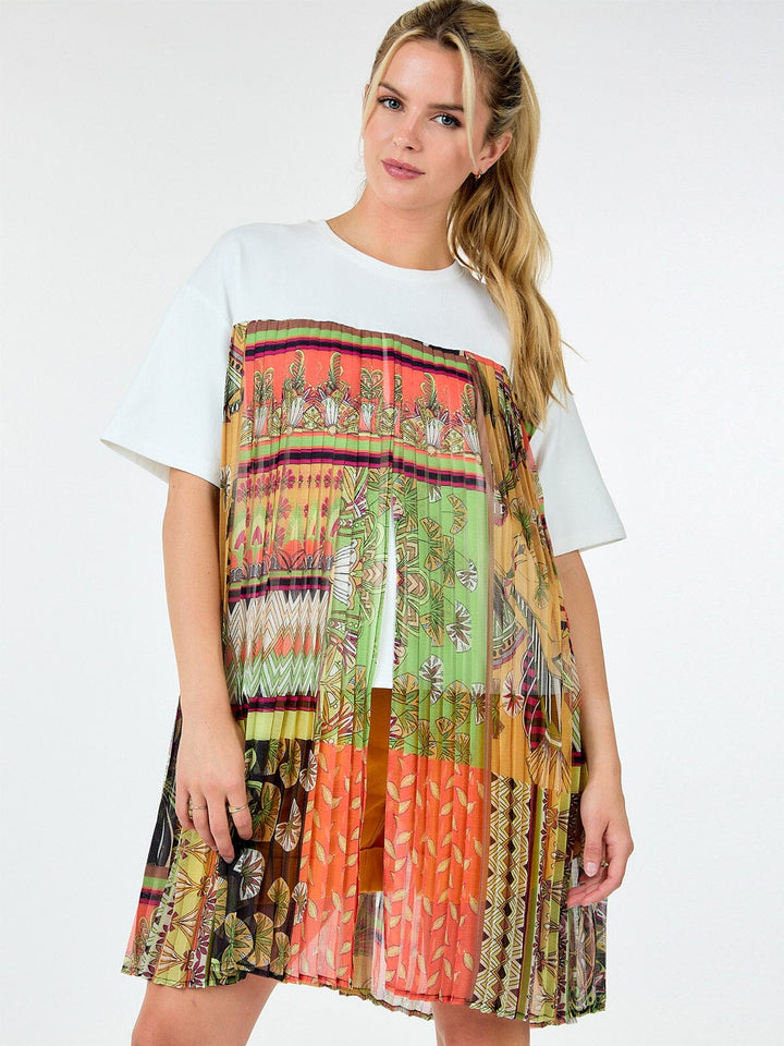 WOMEN'S SHORT SLEEVE MULTI PRINT PLEATED BLOUSE