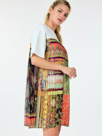 WOMEN'S SHORT SLEEVE MULTI PRINT PLEATED BLOUSE