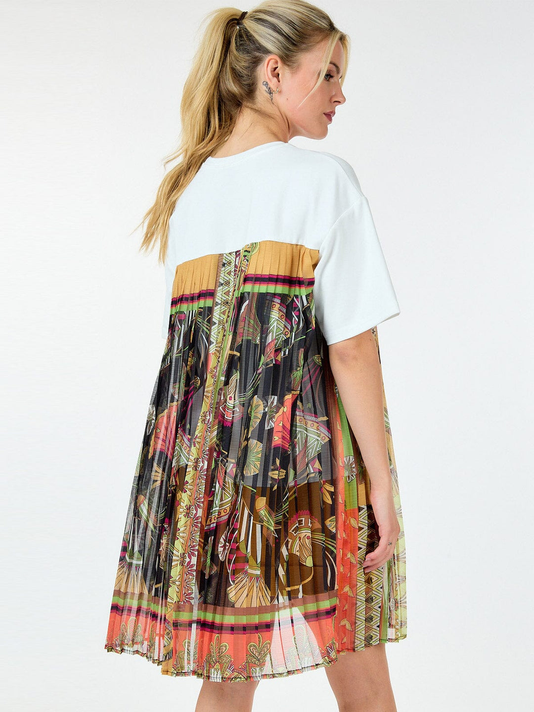 WOMEN'S SHORT SLEEVE MULTI PRINT PLEATED BLOUSE