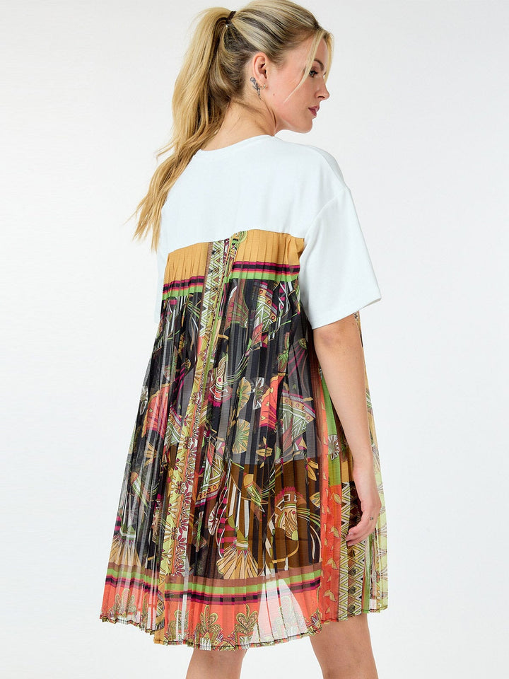 WOMEN'S SHORT SLEEVE MULTI PRINT PLEATED BLOUSE