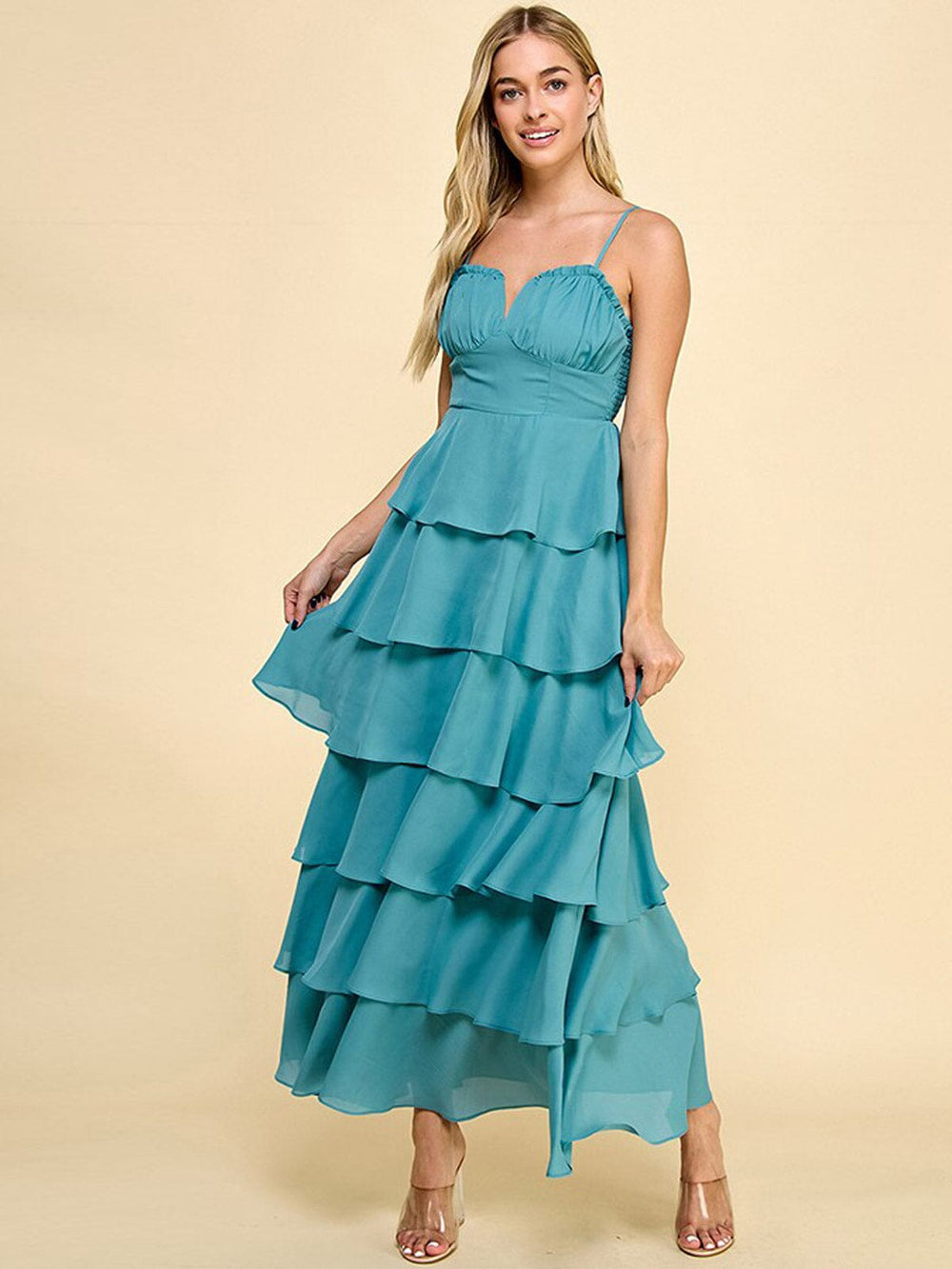 WOMEN'S SLEEVELESS V-NECK RUFFLE TIERED MAXI DRESS