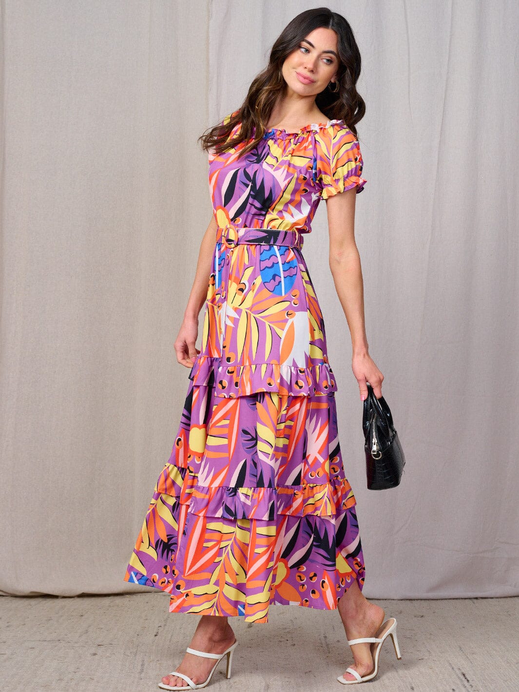 WOMEN'S SHORT SLEEVES RUFFLE TIERED BELTED MULTI PRINT MAXI DRESS
