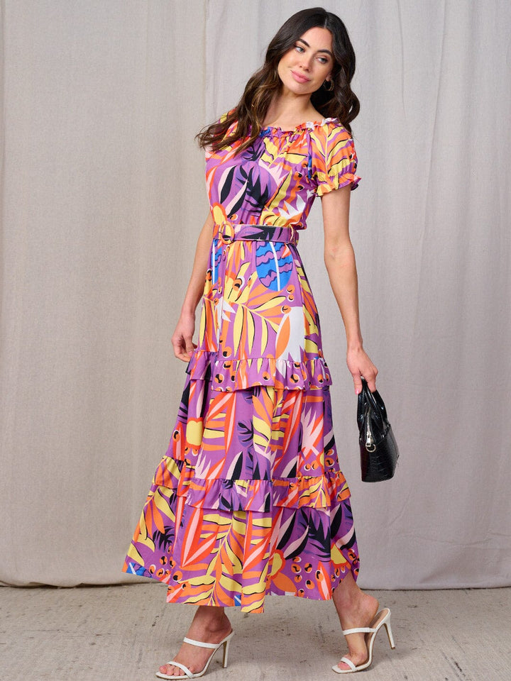 WOMEN'S SHORT SLEEVES RUFFLE TIERED BELTED MULTI PRINT MAXI DRESS