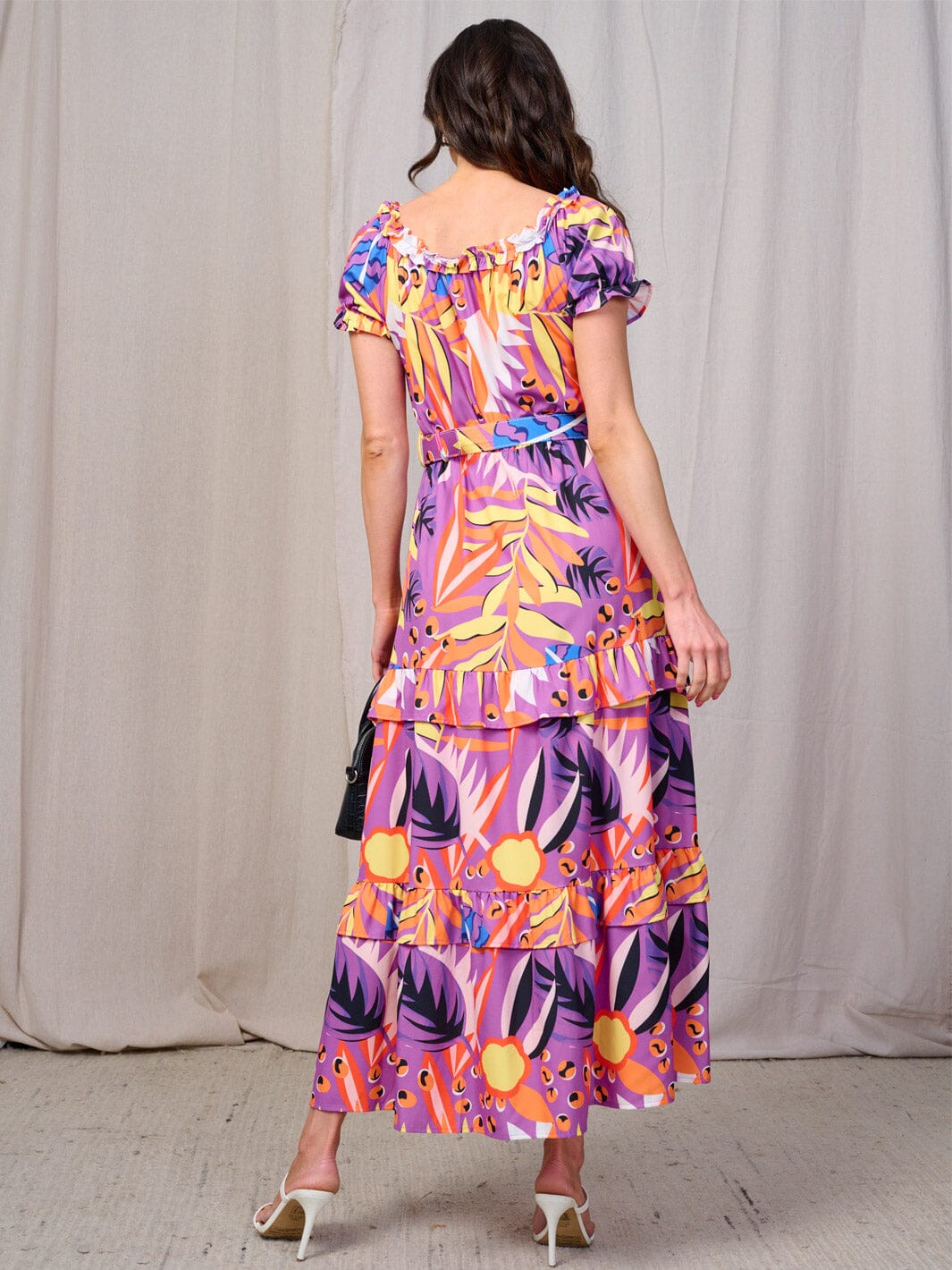 WOMEN'S SHORT SLEEVES RUFFLE TIERED BELTED MULTI PRINT MAXI DRESS