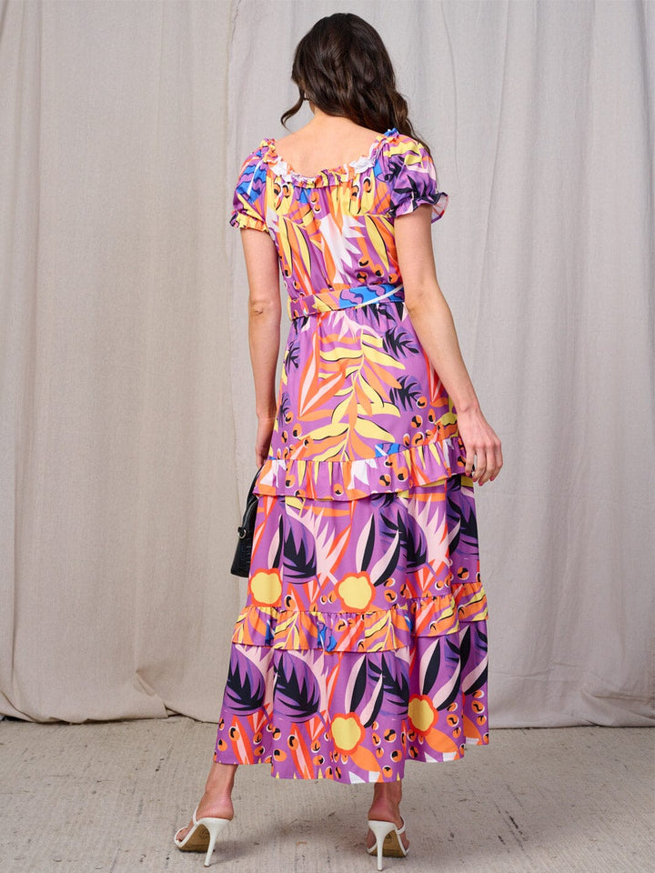 WOMEN'S SHORT SLEEVES RUFFLE TIERED BELTED MULTI PRINT MAXI DRESS