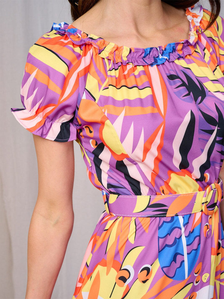 WOMEN'S SHORT SLEEVES RUFFLE TIERED BELTED MULTI PRINT MAXI DRESS