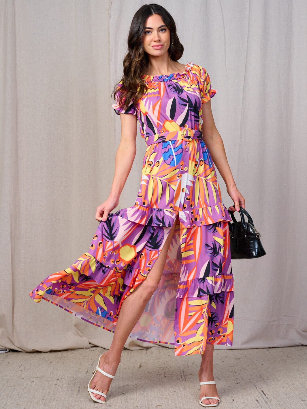 WOMEN'S SHORT SLEEVES RUFFLE TIERED BELTED MULTI PRINT MAXI DRESS
