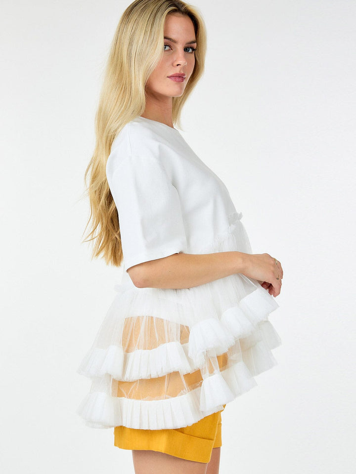 WOMEN'S SHORT SLEEVE RUFFLE TIERED HIGH-LOW DETAILED BLOUSE