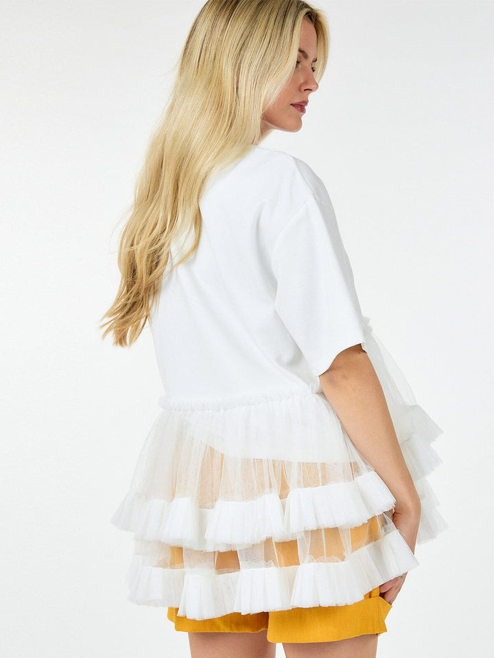 WOMEN'S SHORT SLEEVE RUFFLE TIERED HIGH-LOW DETAILED BLOUSE