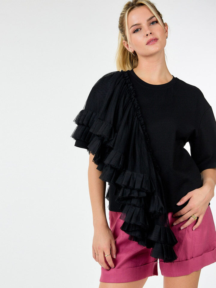 WOMEN'S SHORT SLEEVE RUFFLE TIERED DETAILED TOP
