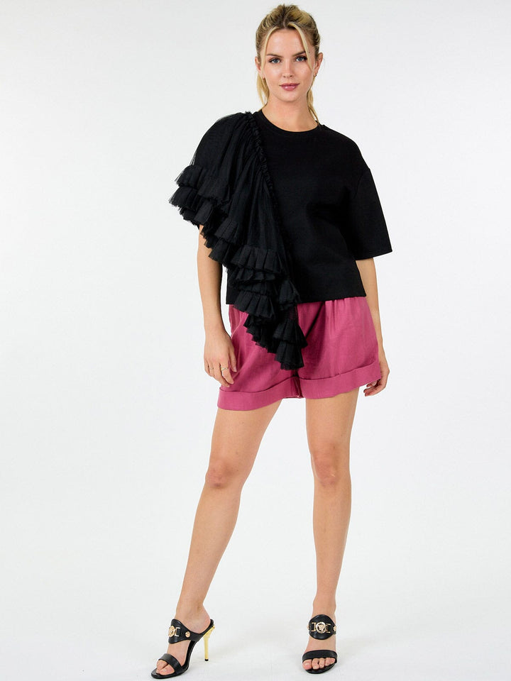 WOMEN'S SHORT SLEEVE RUFFLE TIERED DETAILED TOP