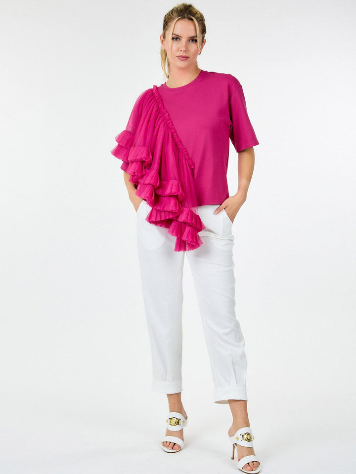 WOMEN'S SHORT SLEEVE RUFFLE TIERED DETAILED TOP