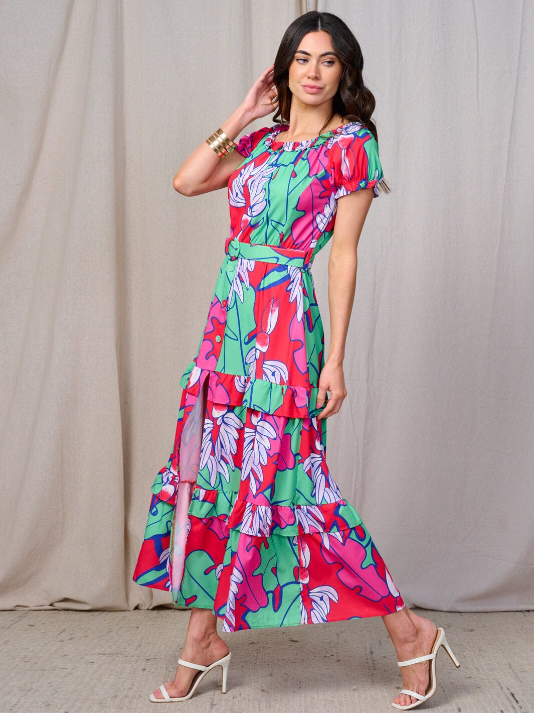 WOMEN'S SHORT SLEEVES RUFFLE TIERED BELTED MULTI PRINT MAXI DRESS