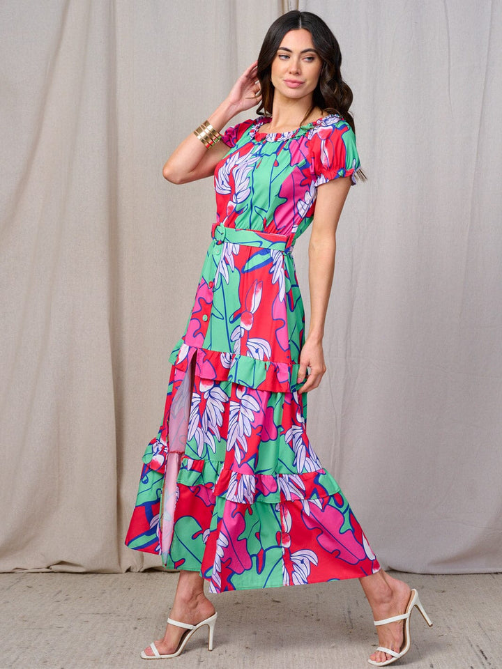 WOMEN'S SHORT SLEEVES RUFFLE TIERED BELTED MULTI PRINT MAXI DRESS