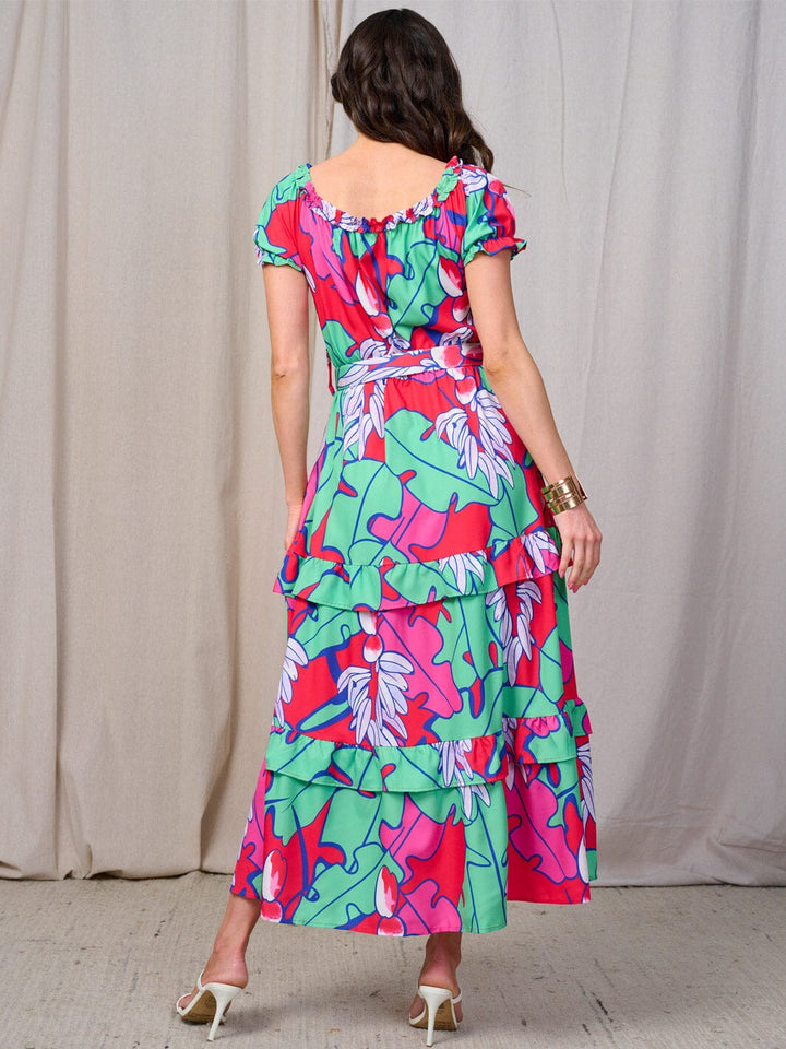 WOMEN'S SHORT SLEEVES RUFFLE TIERED BELTED MULTI PRINT MAXI DRESS