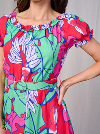 WOMEN'S SHORT SLEEVES RUFFLE TIERED BELTED MULTI PRINT MAXI DRESS