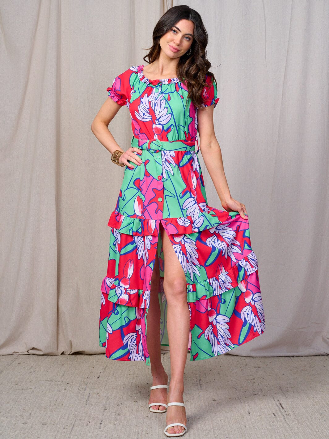 WOMEN'S SHORT SLEEVES RUFFLE TIERED BELTED MULTI PRINT MAXI DRESS