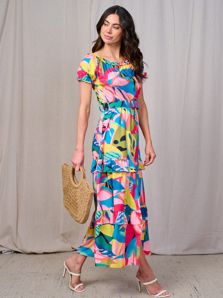 WOMEN'S SHORT SLEEVES RUFFLE TIERED BELTED MULTI PRINT MAXI DRESS
