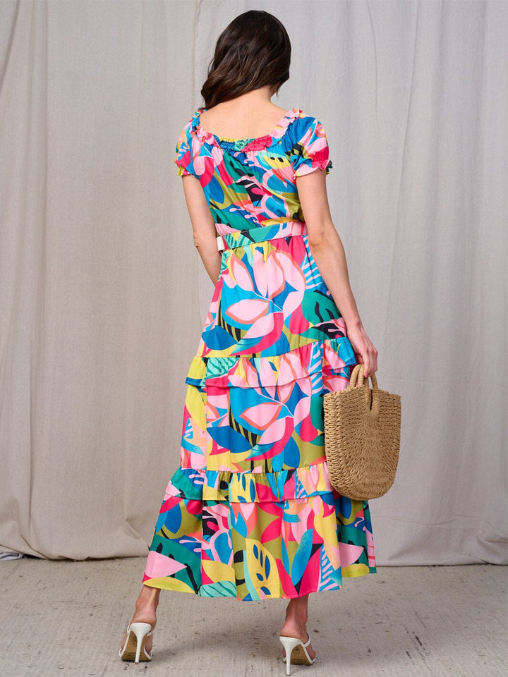 WOMEN'S SHORT SLEEVES RUFFLE TIERED BELTED MULTI PRINT MAXI DRESS