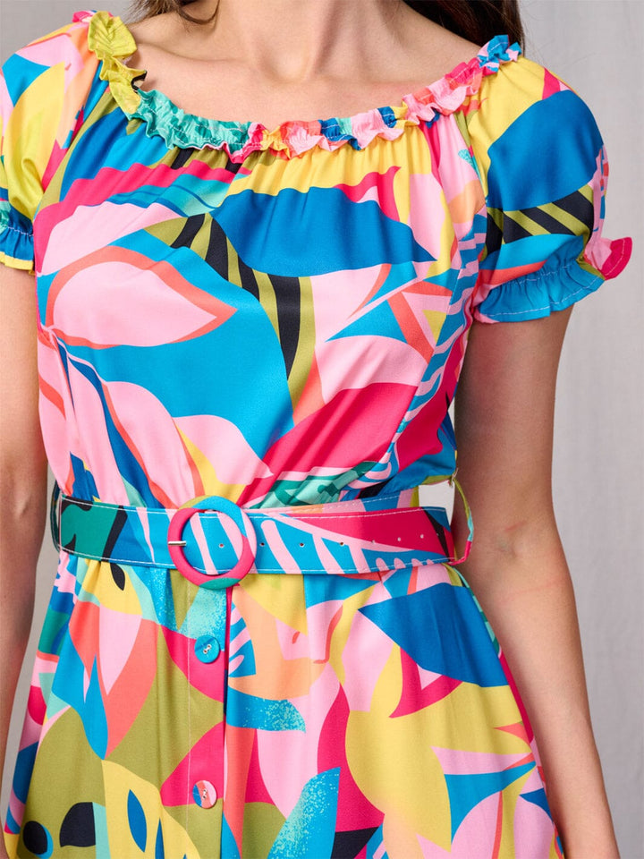 WOMEN'S SHORT SLEEVES RUFFLE TIERED BELTED MULTI PRINT MAXI DRESS