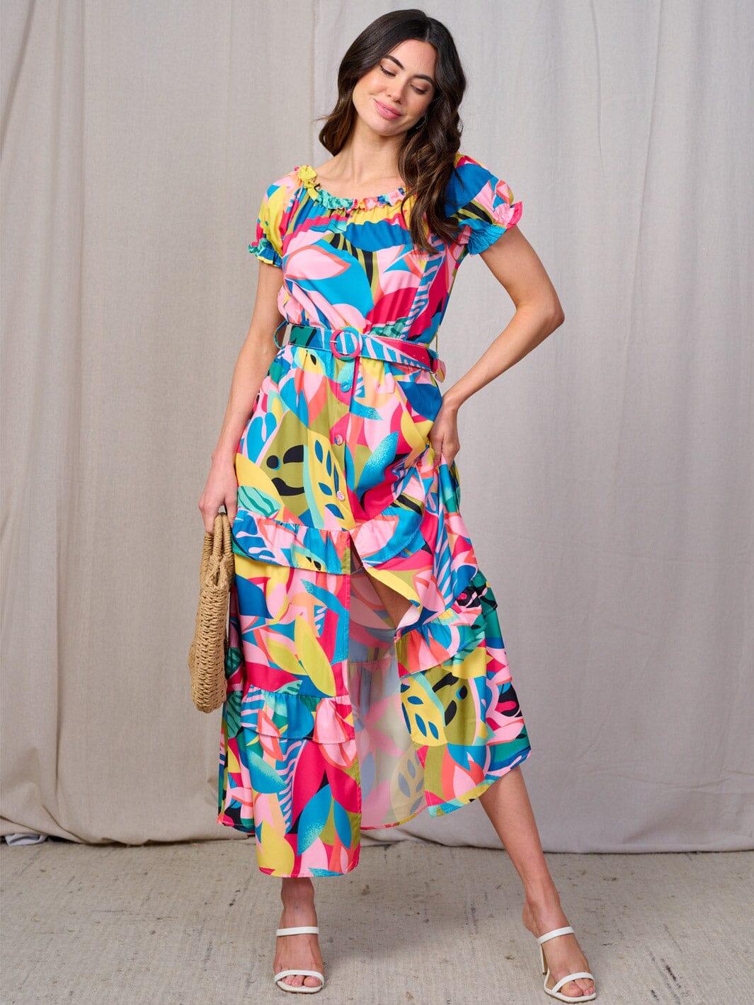 WOMEN'S SHORT SLEEVES RUFFLE TIERED BELTED MULTI PRINT MAXI DRESS
