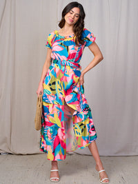 WOMEN'S SHORT SLEEVES RUFFLE TIERED BELTED MULTI PRINT MAXI DRESS