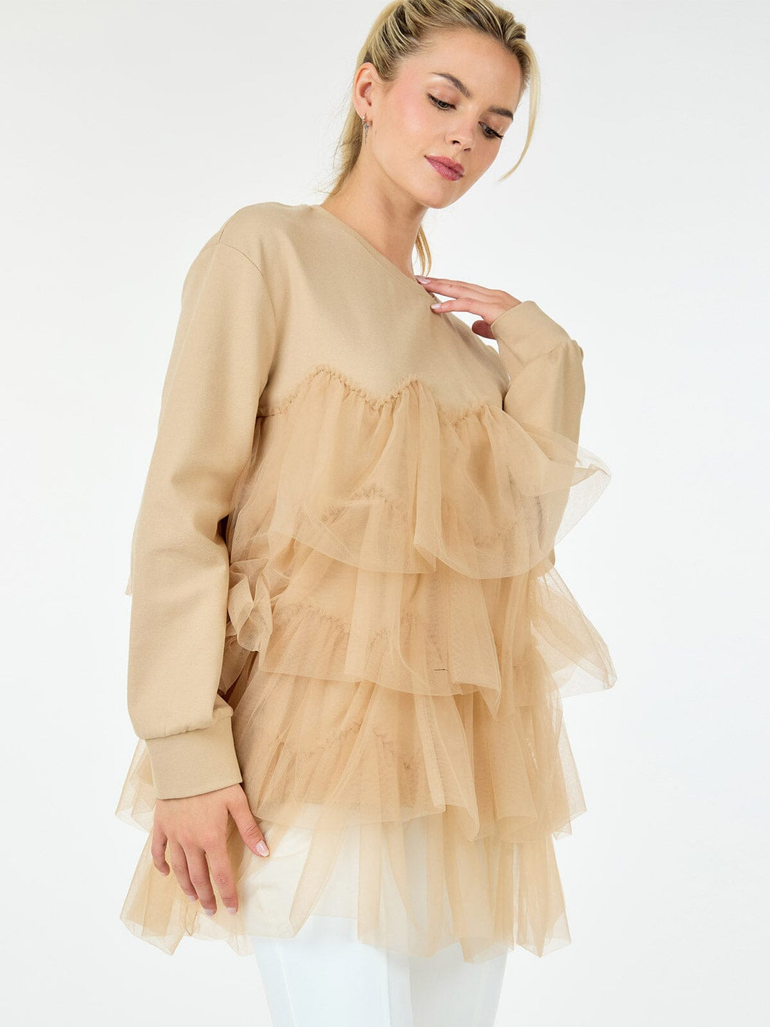 WOMEN'S LONG SLEEVE RUFFLE TIERED DETAILED BLOUSE
