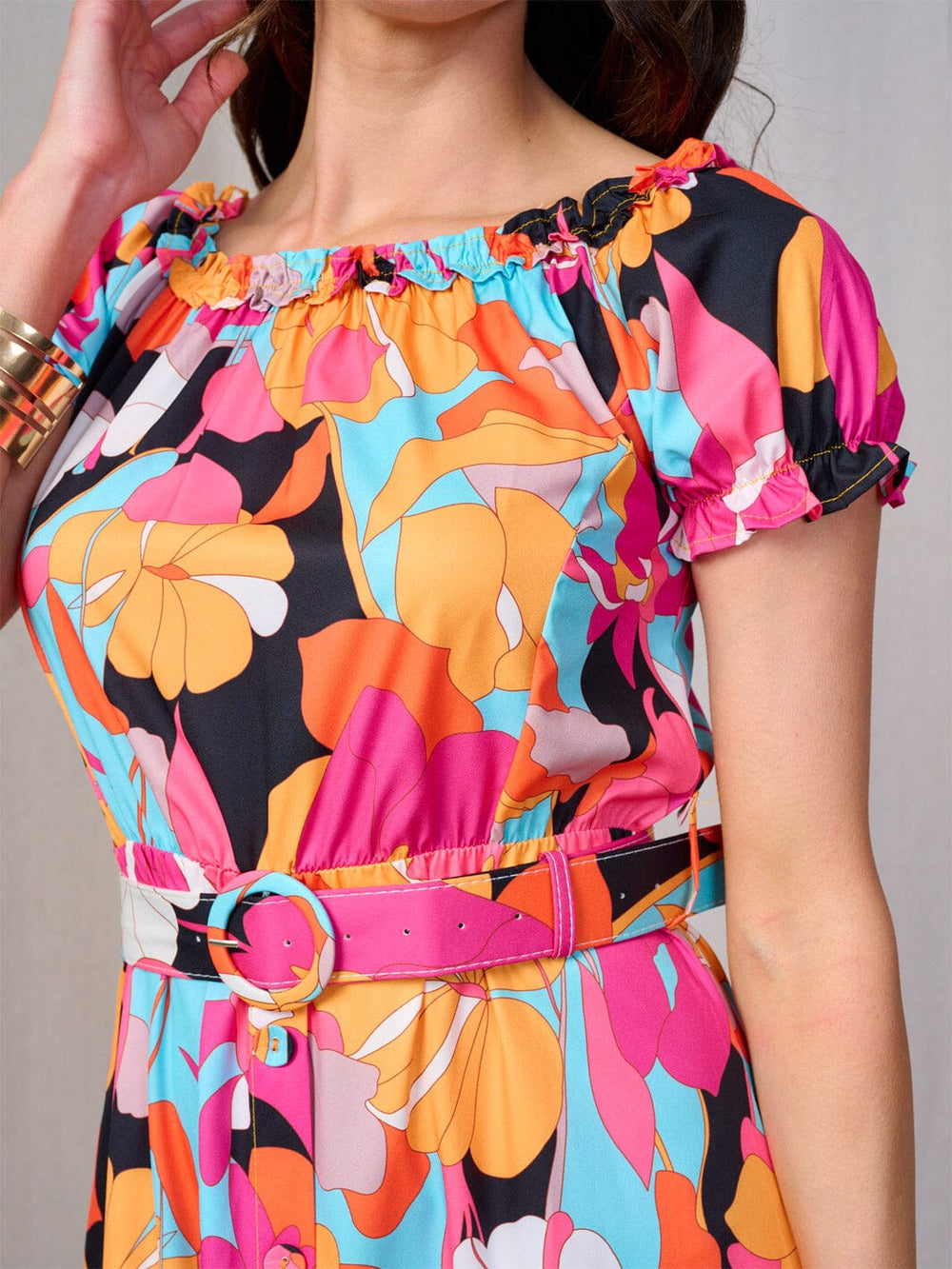 WOMEN'S SHORT SLEEVES RUFFLE TIERED BELTED FLORAL PRINT MAXI DRESS