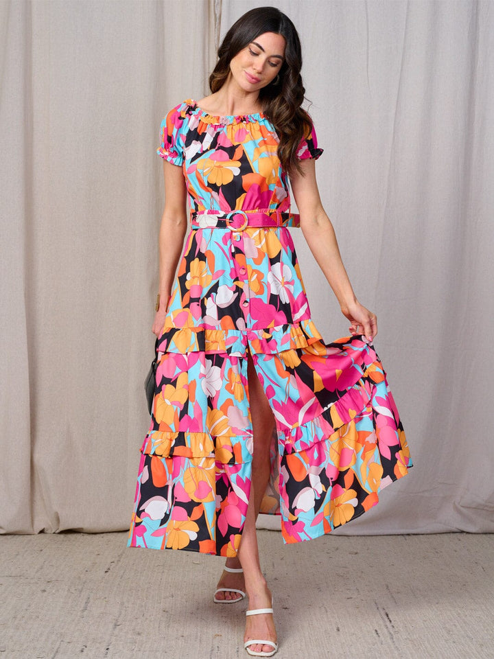 WOMEN'S SHORT SLEEVES RUFFLE TIERED BELTED FLORAL PRINT MAXI DRESS
