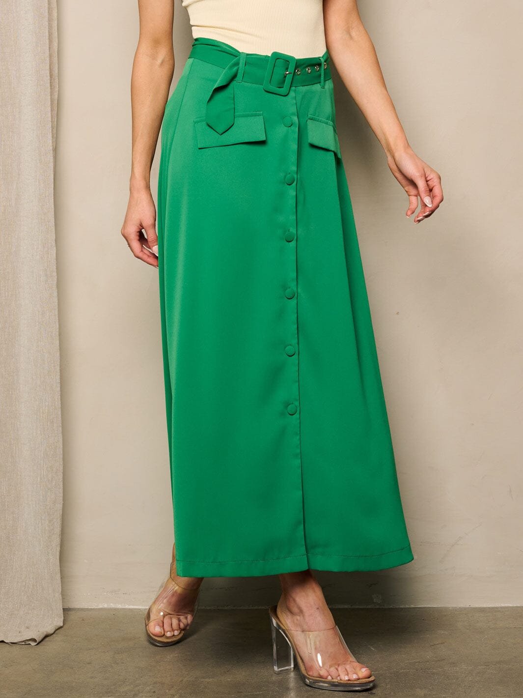 WOMEN'S BUTTON UP BELTED MAXI SKIRT