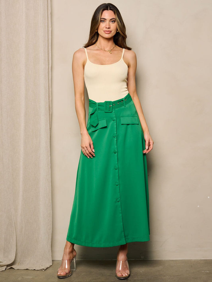 WOMEN'S BUTTON UP BELTED MAXI SKIRT